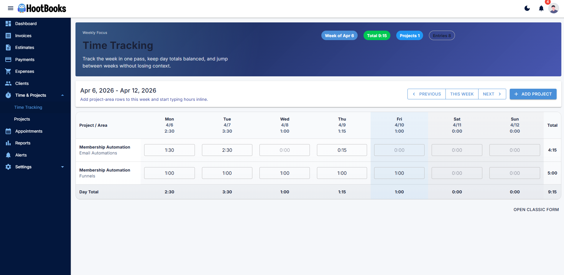 HootBooks time tracking dashboard